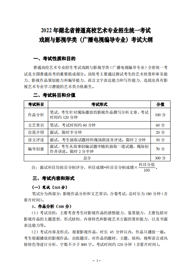 2022年湖北省藝術統考（廣播電視編導專業）考試大綱